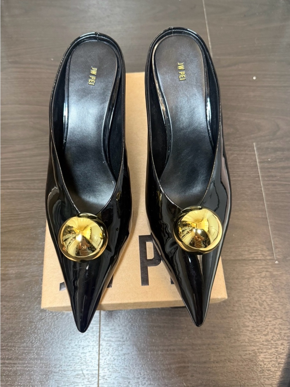 JW PEI Black Patent Pointed Mule with Gold Disc Accent